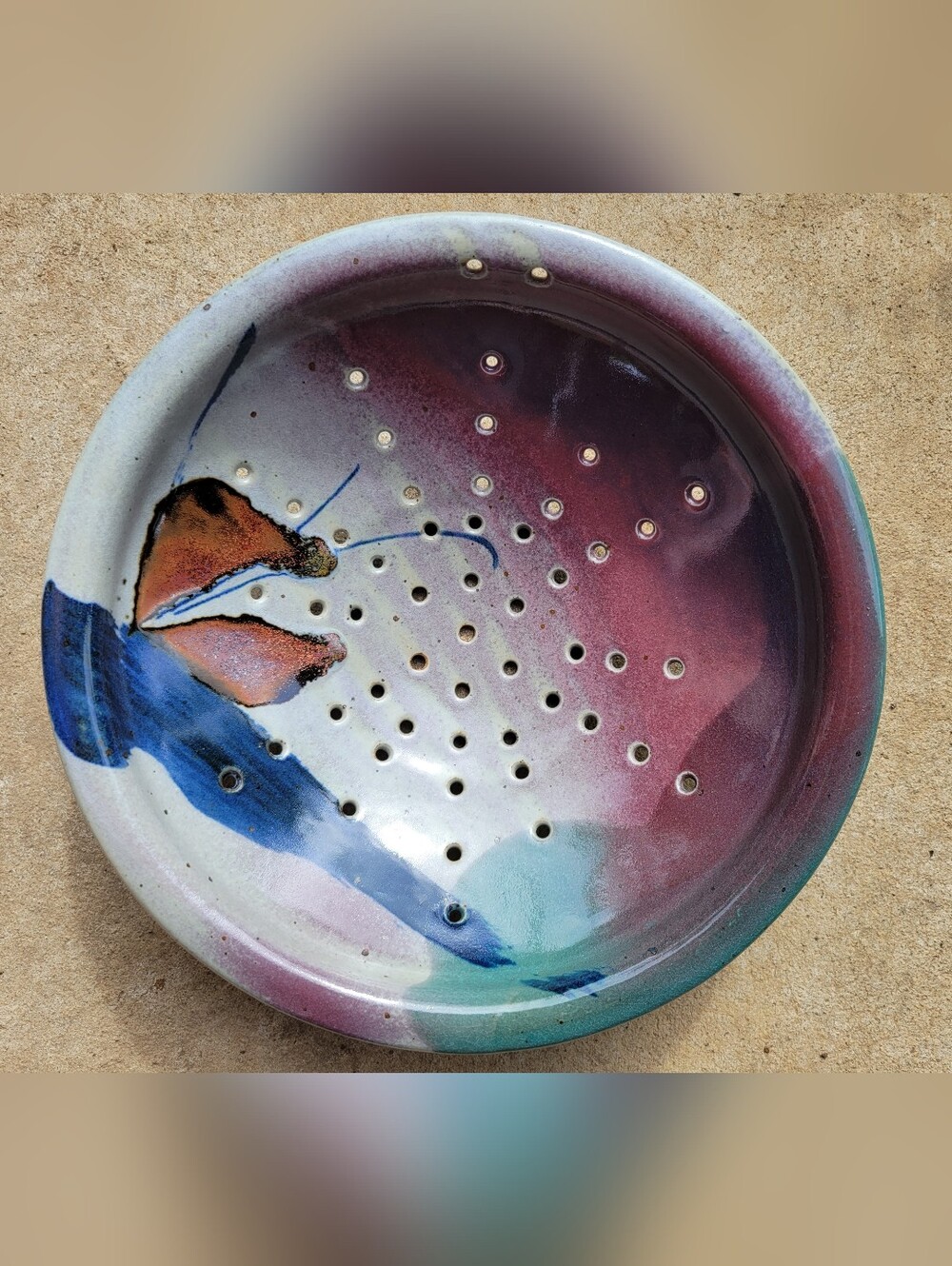 Handmade Multicolor Ceramic Colander - Blue & Purple Finish
